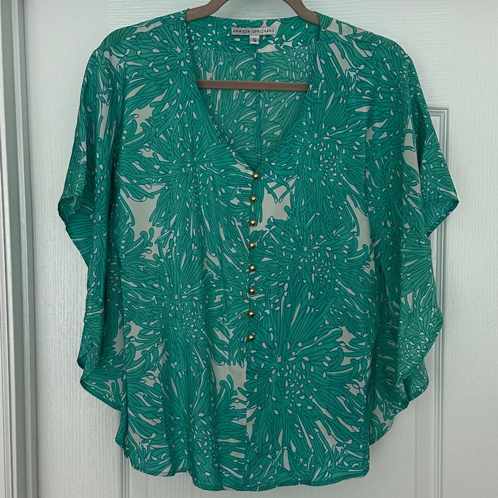 Amanda Uprichard 100% Silk Floral Print Blouse Green/Cream Small Coastal Flowy